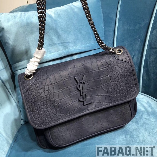Saint Laurent Medium Niki Chain Bag in Matte Crocodile Leather 533037 Blue 2019 (2A084-9031610 )