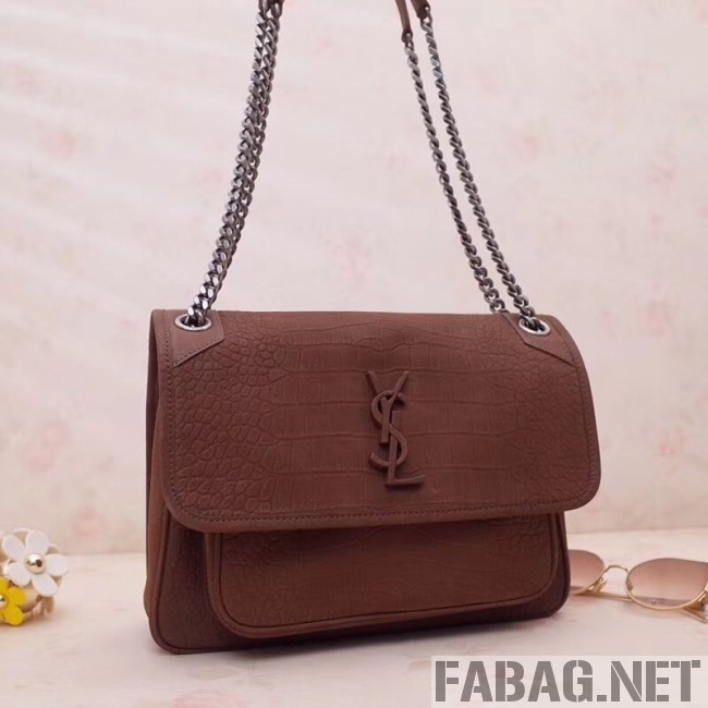 Saint Laurent Medium Niki Chain Bag in Matte Crocodile Leather 533037 Brown 2019 (ZAXS-9031611 )