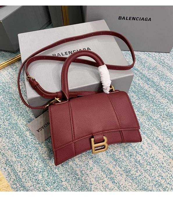 Balenciaga Wine Red Original Litchi Veins Leather Golden Metal 19cm Hourglass Bag