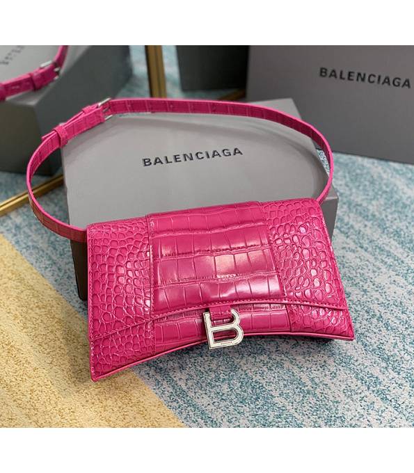 Balenciaga Fuchsia Original Croc Veins Leather Silver Metal 25cm Hourglass Belt Shoulder Bag