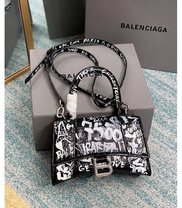 Balenciaga Doodling Print Black Original Croc Veins Leather 19cm Hourglass Bag