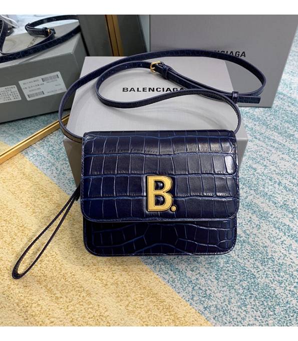 Balenciaga B Dark Blue Original Croc Veins Leather Golden Metal Crossbody Bag