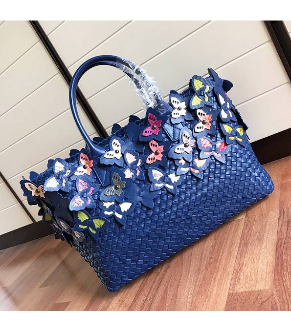 Bottega Veneta Croc Veins Butterfly Dark Blue Original Weave Lambskin Leather Medium Cabat Tote Shopping Bag