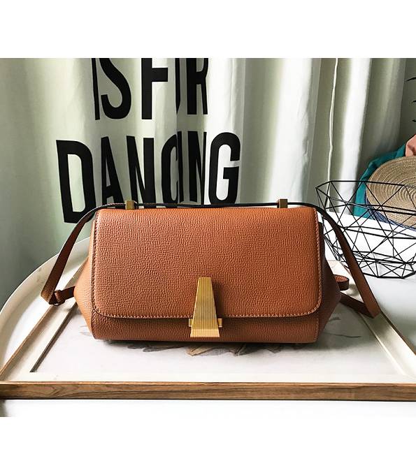 Bottega Veneta Angle Brown Original Grainy Real Leather Golden Metal Trapezoidal Shoulder Bag