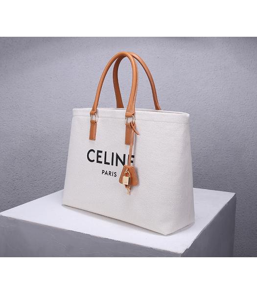 Celine White Canvas With Brown Original Leather Large Tote Bag