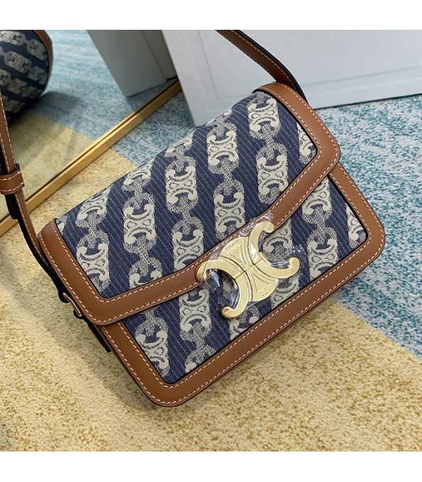 Celine Blue Teen Triomphe Canvas With Brown Original Leather 18cm Shoulder Bag