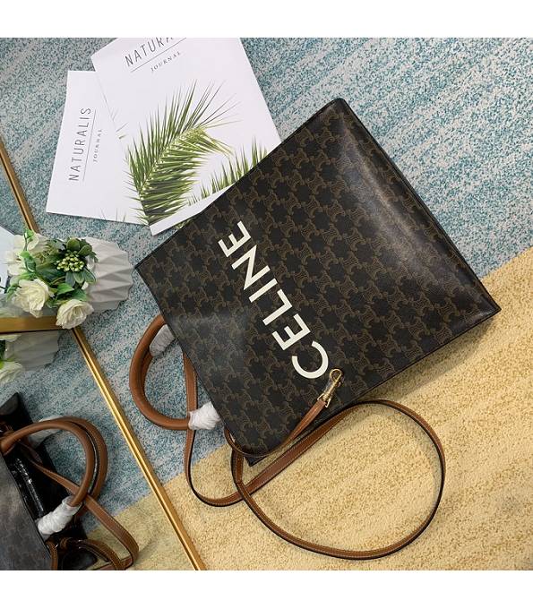 Celine Triomphe Canvas With Brown Original Leather Small Cabas Vertical Tote Bag