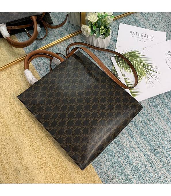 Celine Triomphe Canvas With Brown Original Leather Small Cabas Vertical Tote Bag