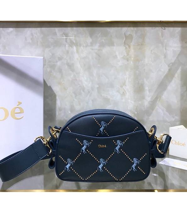 Chloe Signature Embroidered Horses Studs Blue Original Calfskin Leather Crossbody Bag