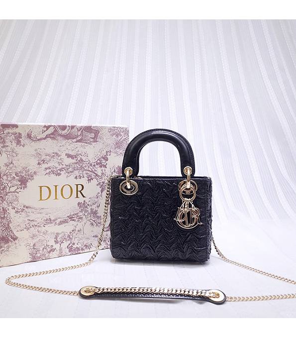 Christian Dior Black Original Crinkled Veins Lambskin Leather Golden Metal 17cm Tote Bag