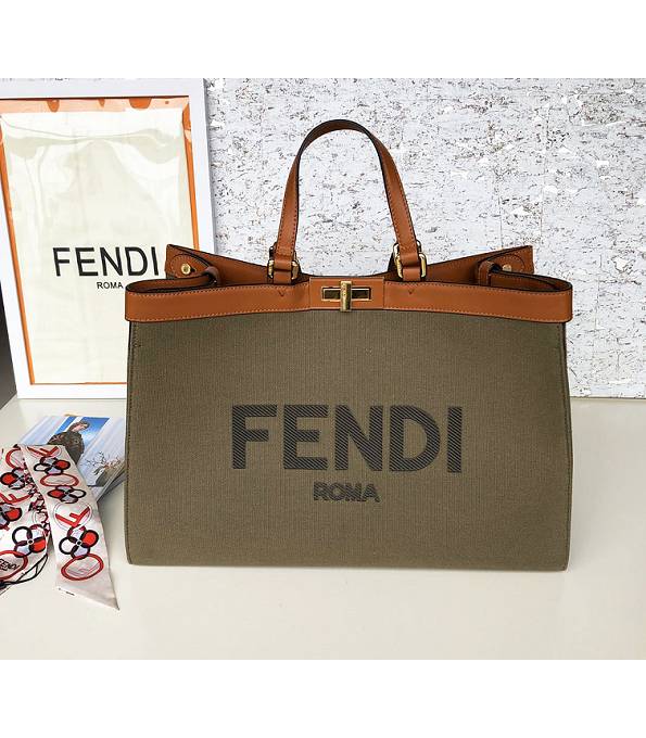 Fendi Peekaboo Dark Green Canvas With Brown Original Leather X-Tote Bag