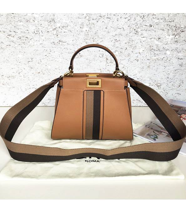 Fendi Peekaboo Iconic Pequin Stripe Brown Original Litchi Veins Leather 23cm Mini Tote Shoulder Bag