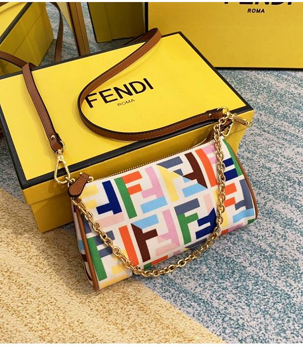 Fendi Vintage Colors FF White Canvas With Brown Original Calfskin Leather 22cm Shoulder Bag