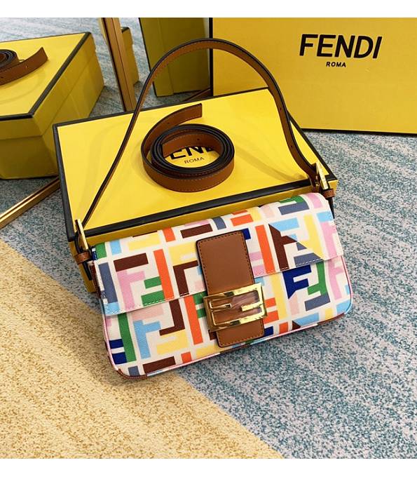 Fendi Baguette Colors FF White Canvas With Brown Original Calfskin Leather 26cm Shoulder Bag