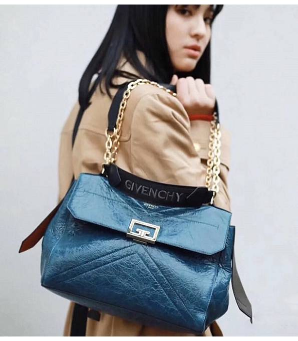 Givenchy ID Peacock Blue Original Crackling Calfskin Leather Golden Metal Medium Crossbody Bag