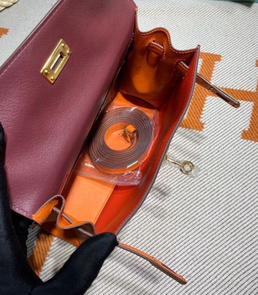 Hermes Kelly 22cm DanSe Red/Wine Red Imported Swift Leather Golden Metal Handbag