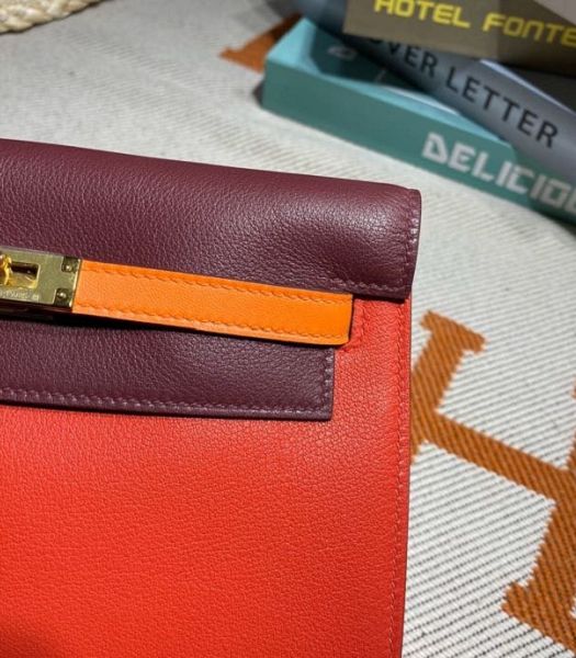 Hermes Kelly 22cm DanSe Red/Wine Red Imported Swift Leather Golden Metal Handbag