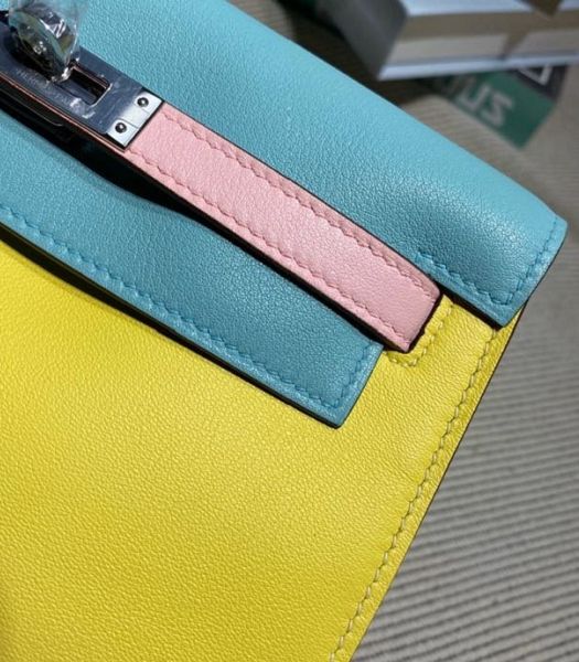 Hermes Kelly 22cm DanSe Lemon Yellow/Lake Blue Imported Swift Leather Silver Metal Handbag