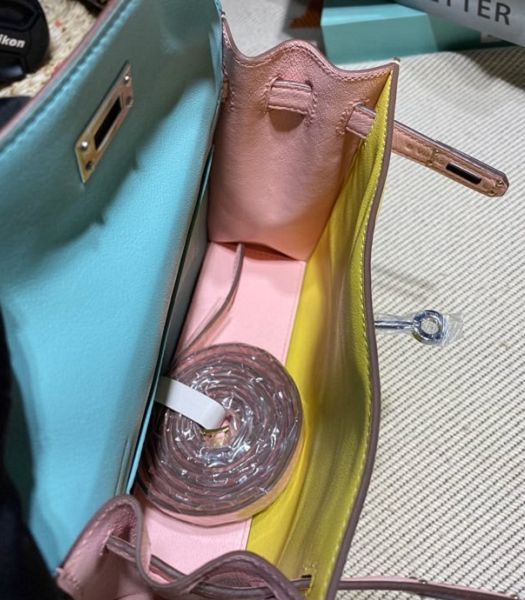 Hermes Kelly 22cm DanSe Lemon Yellow/Lake Blue Imported Swift Leather Silver Metal Handbag