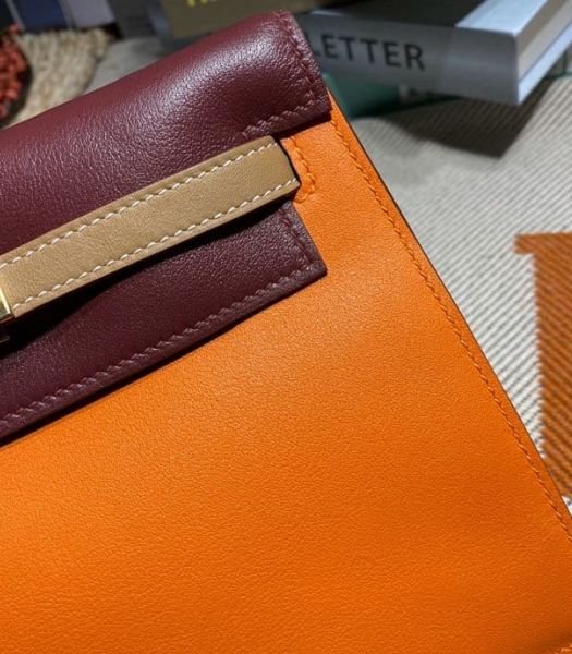 Hermes Kelly 22cm DanSe Orange/Wine Red Imported Swift Leather Golden Metal Handbag