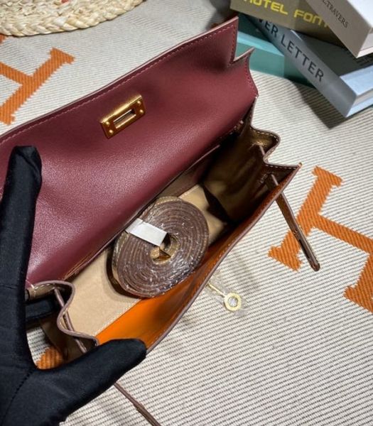 Hermes Kelly 22cm DanSe Orange/Wine Red Imported Swift Leather Golden Metal Handbag