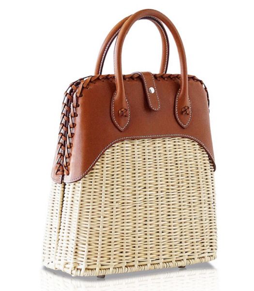 Hermes Bolide Picnic Woven Wicker With Brown Imported Leather Tote Bag