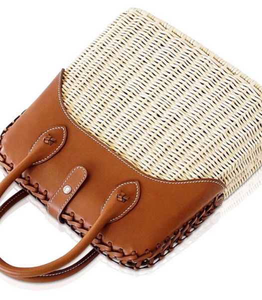 Hermes Bolide Picnic Woven Wicker With Brown Imported Leather Tote Bag