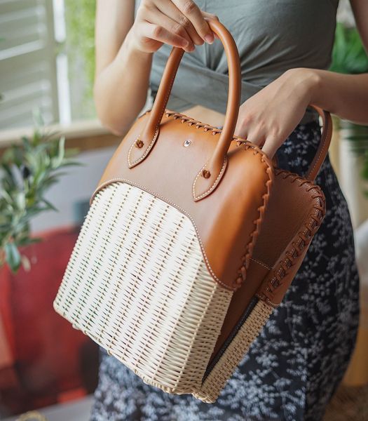 Hermes Bolide Picnic Woven Wicker With Brown Imported Leather Tote Bag