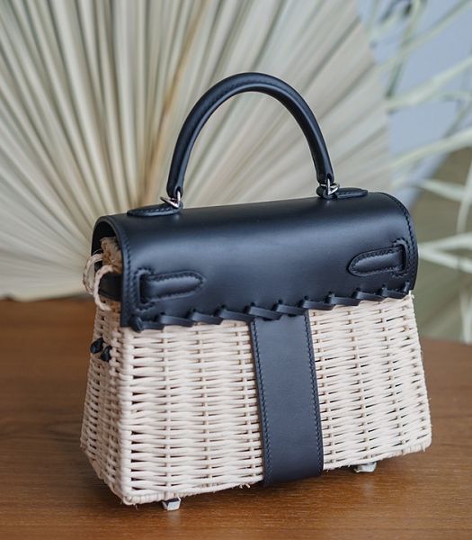 Hermes Mini Kelly Picnic 20cm Bag Woven Wicker Black Imported Leather Silver Metal