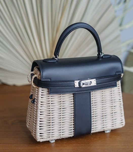 Hermes Mini Kelly Picnic 20cm Bag Woven Wicker Black Imported Leather Silver Metal