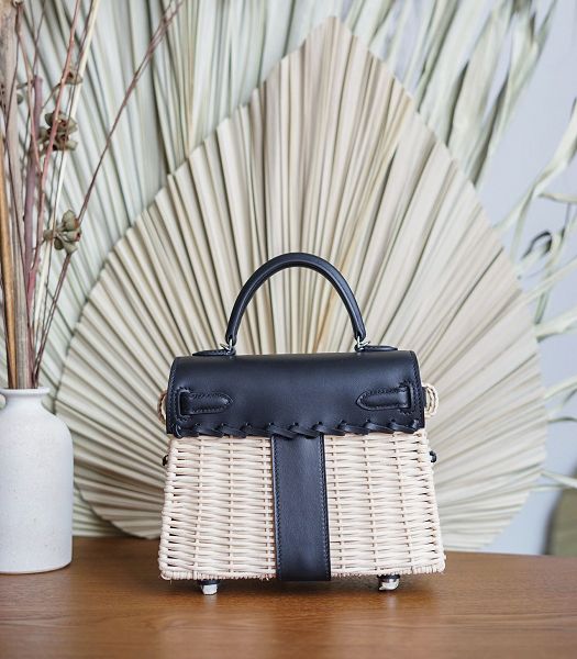 Hermes Mini Kelly Picnic 20cm Bag Woven Wicker Black Imported Leather Silver Metal