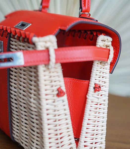 Hermes Mini Kelly Picnic 20cm Bag Woven Wicker Red Imported Leather Silver Metal