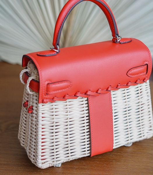 Hermes Mini Kelly Picnic 20cm Bag Woven Wicker Red Imported Leather Silver Metal
