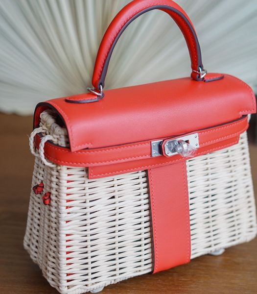 Hermes Mini Kelly Picnic 20cm Bag Woven Wicker Red Imported Leather Silver Metal