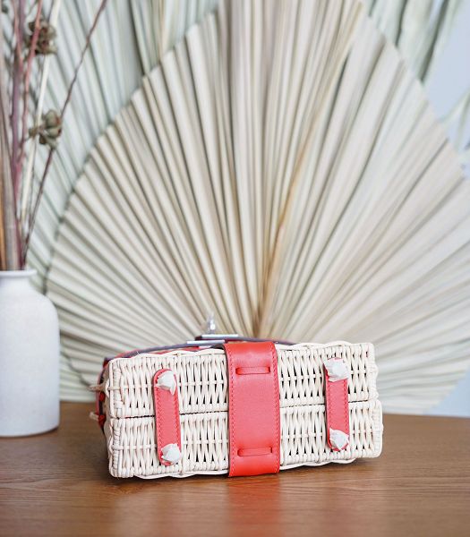 Hermes Mini Kelly Picnic 20cm Bag Woven Wicker Red Imported Leather Silver Metal