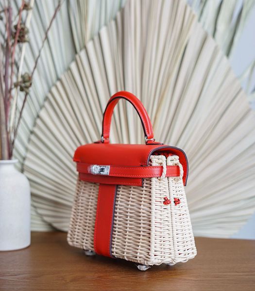 Hermes Mini Kelly Picnic 20cm Bag Woven Wicker Red Imported Leather Silver Metal