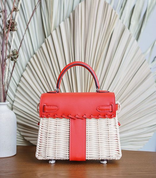 Hermes Mini Kelly Picnic 20cm Bag Woven Wicker Red Imported Leather Silver Metal