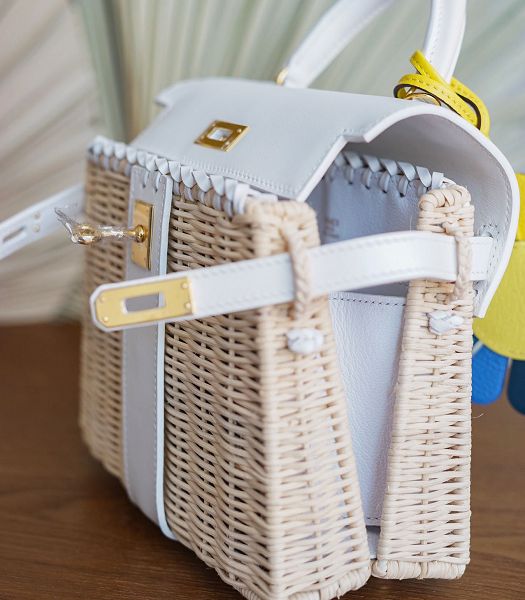 Hermes Mini Kelly Picnic 20cm Bag Woven Wicker White Imported Leather Golden Metal