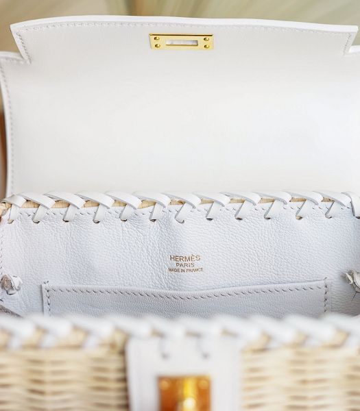 Hermes Mini Kelly Picnic 20cm Bag Woven Wicker White Imported Leather Golden Metal