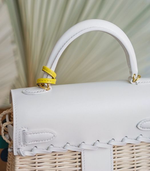 Hermes Mini Kelly Picnic 20cm Bag Woven Wicker White Imported Leather Golden Metal
