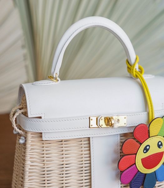 Hermes Mini Kelly Picnic 20cm Bag Woven Wicker White Imported Leather Golden Metal
