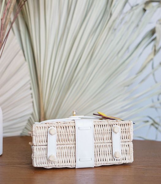 Hermes Mini Kelly Picnic 20cm Bag Woven Wicker White Imported Leather Golden Metal