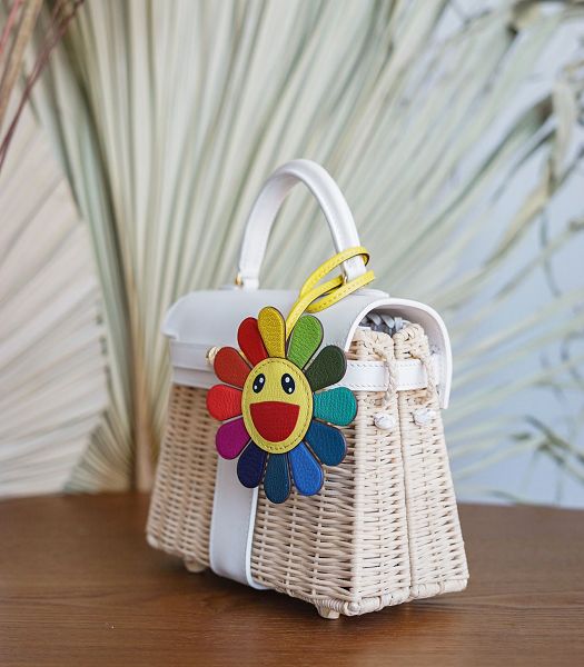 Hermes Mini Kelly Picnic 20cm Bag Woven Wicker White Imported Leather Golden Metal