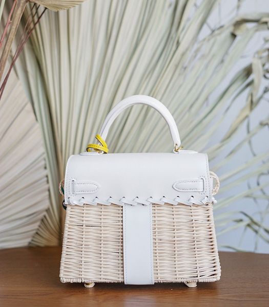 Hermes Mini Kelly Picnic 20cm Bag Woven Wicker White Imported Leather Golden Metal