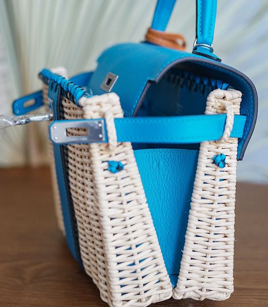 Hermes Mini Kelly Picnic 20cm Bag Woven Wicker Blue Imported Leather Silver Metal