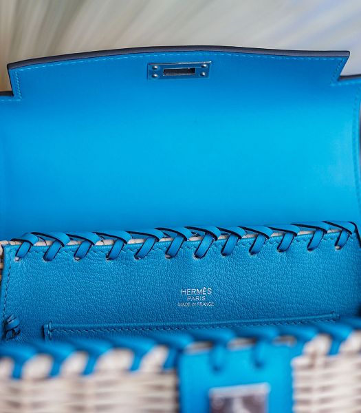 Hermes Mini Kelly Picnic 20cm Bag Woven Wicker Blue Imported Leather Silver Metal