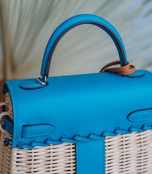 Hermes Mini Kelly Picnic 20cm Bag Woven Wicker Blue Imported Leather Silver Metal