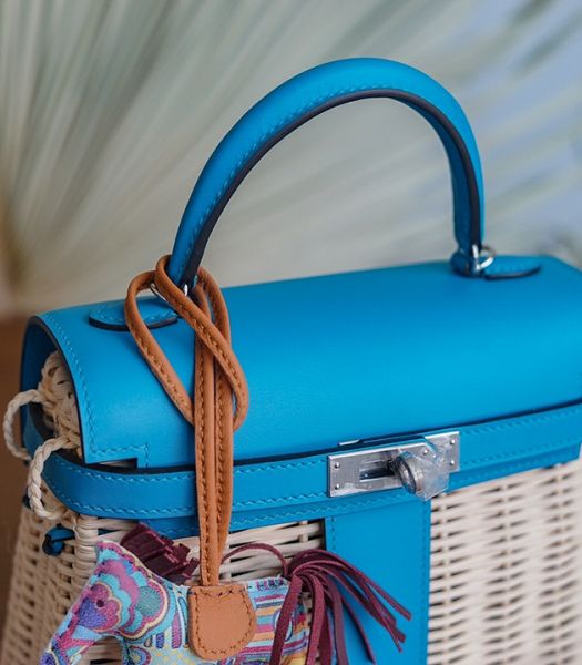 Hermes Mini Kelly Picnic 20cm Bag Woven Wicker Blue Imported Leather Silver Metal