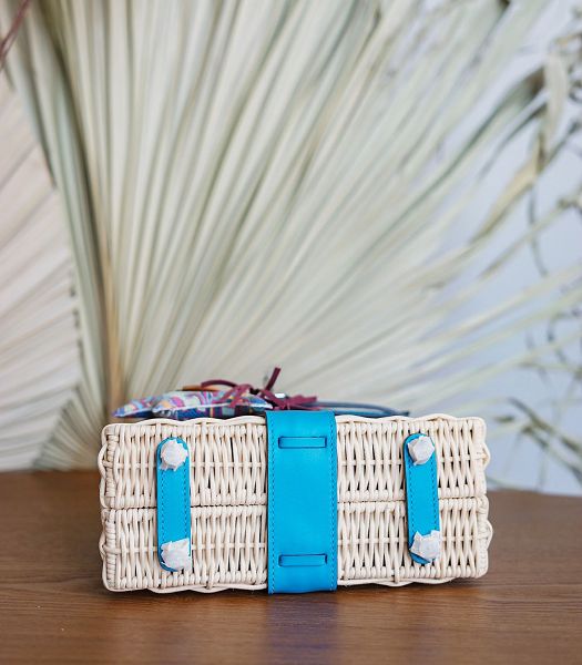 Hermes Mini Kelly Picnic 20cm Bag Woven Wicker Blue Imported Leather Silver Metal