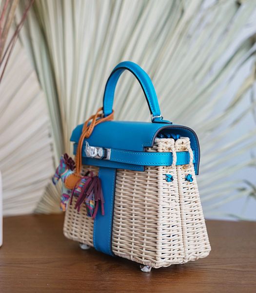 Hermes Mini Kelly Picnic 20cm Bag Woven Wicker Blue Imported Leather Silver Metal